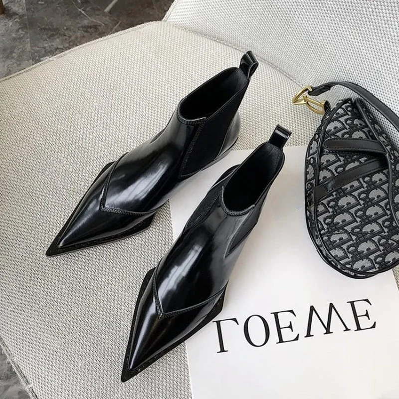 2024 Fashionable patent leather pointed Chelsea boots flat bottomed short boots English style bare boots,  boots for women