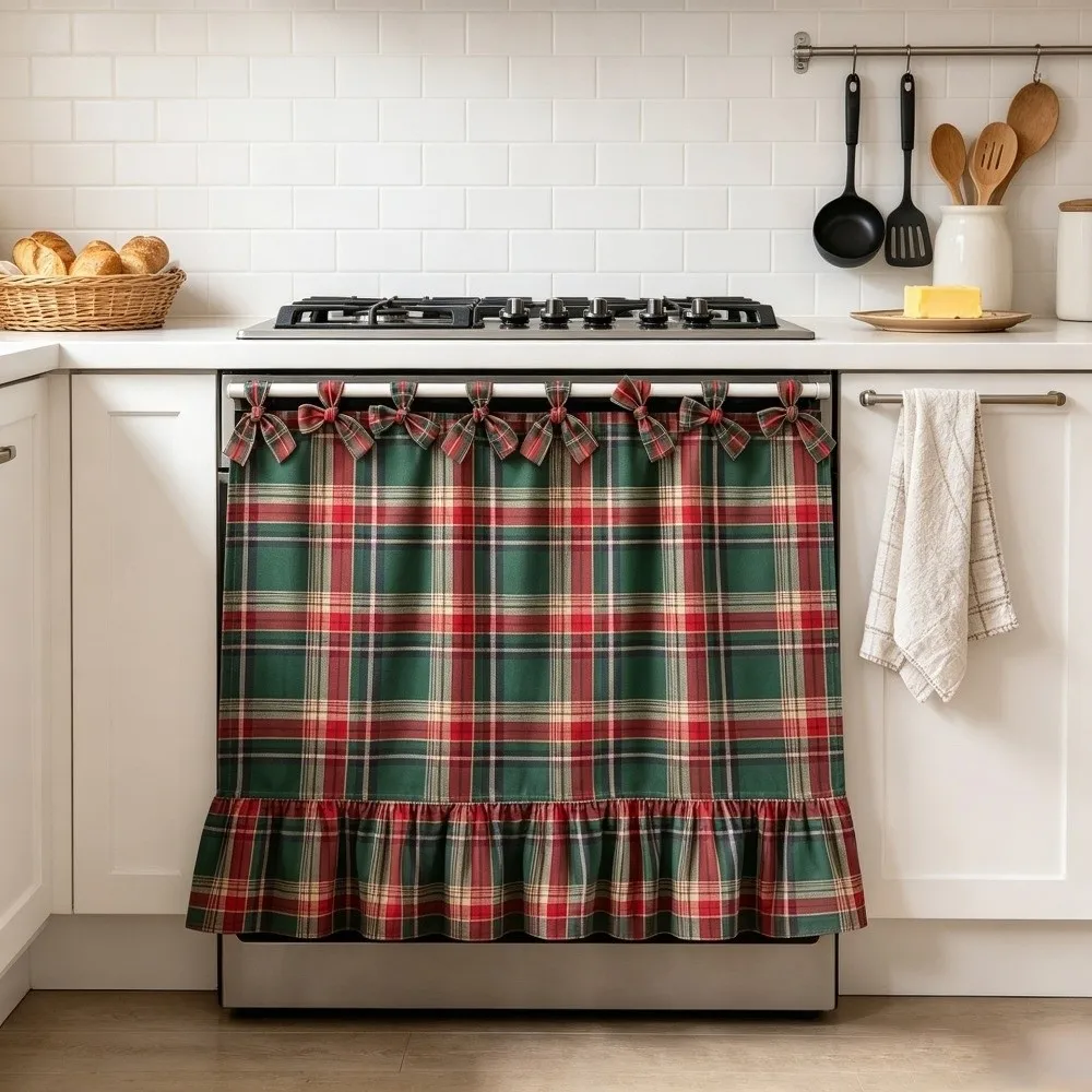 Double Sided Christmas Oven Curtain Ruffled Edge Gingham Pattern Plaid Stove Skirt Washable Fabric Durable Texture