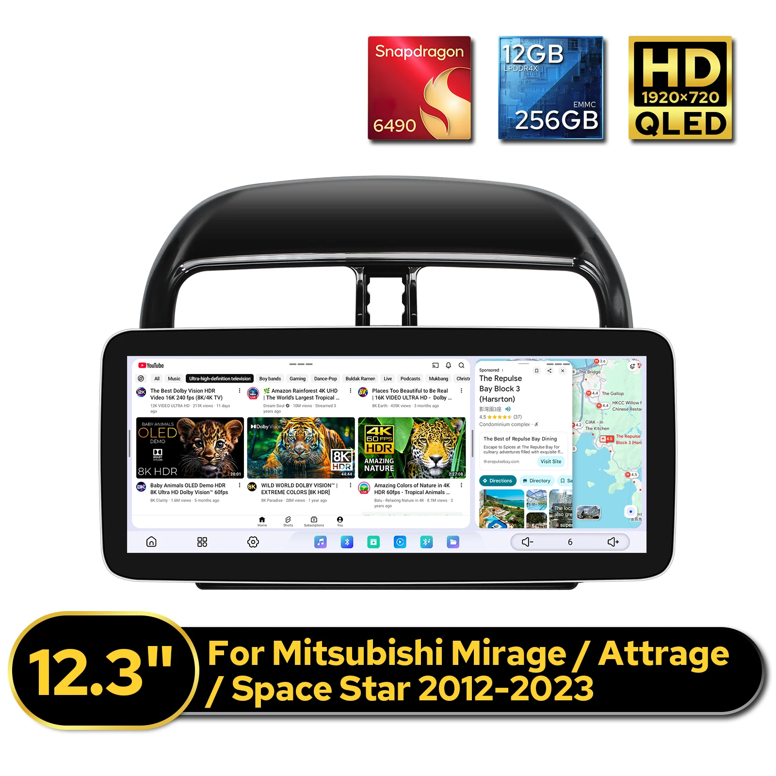 

Автомагнитола High Spec 12.3 дюйма, 12 ГБ+256 ГБ, для Mitsubishi Mirage/Attrage/Space Star 2012-2023, с двойным Bluetooth и беспроводным CarPlay