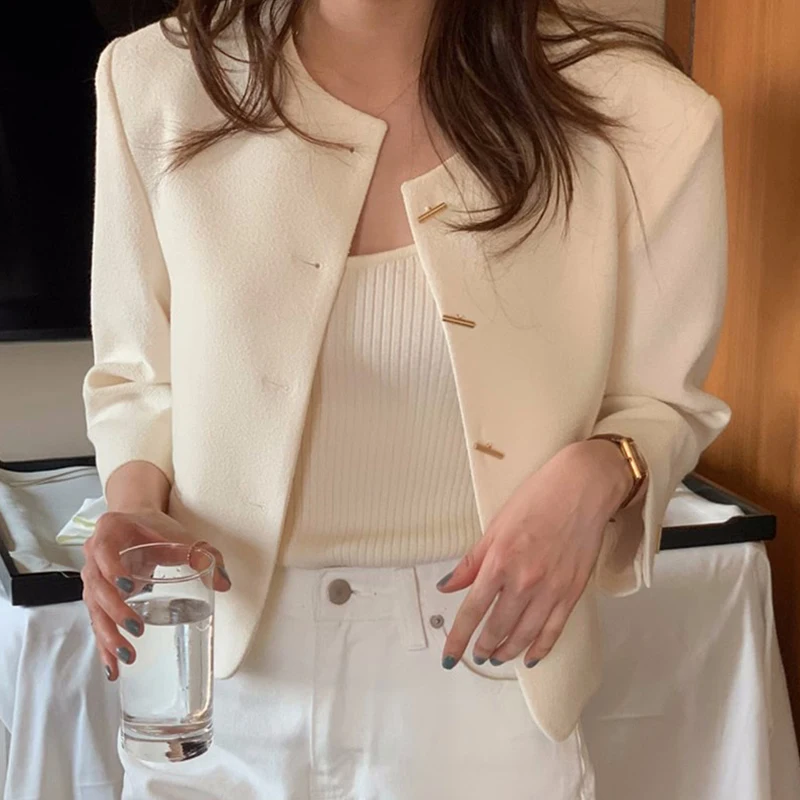 Chic mat round Ne Long Sve Loose Casual ort Jaet Women's Faion Versatile Single Button Outerwear