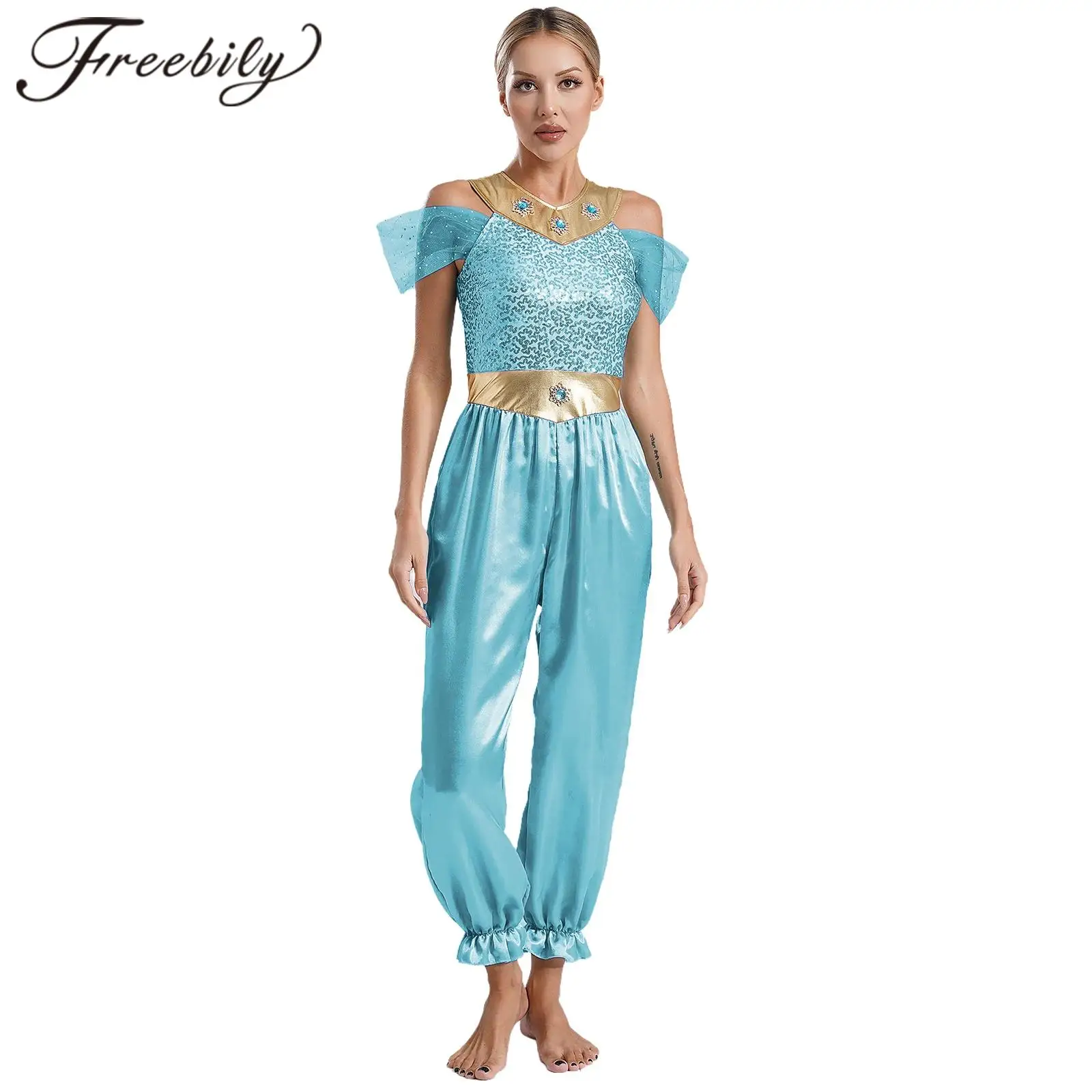 Women Arabian Princess Costume Sequins One Piece Belly Dance Jumpsuits Oriental Indian Bollywood Cosplay Carnival Dress-up