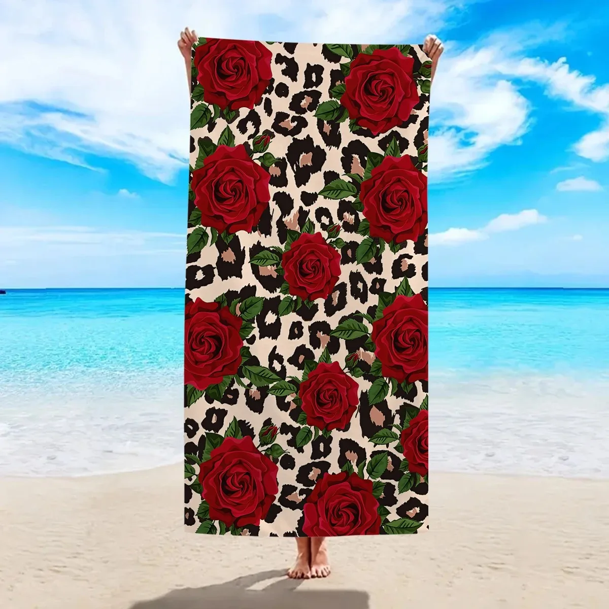 

Red Rose Leopard Print Beach Towel 2D Flat Printed Peach Skin Soft Large Bath Towel for Seaside Holiday Party Sunbathing