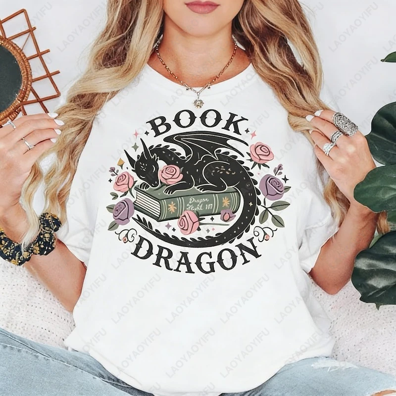 

Book Dragon Unisex Cotton Tshirts Fantasy Romance Reader Gift Cute Vintage Design O-neck Printed Tops Ropa Mujer Women Clothes