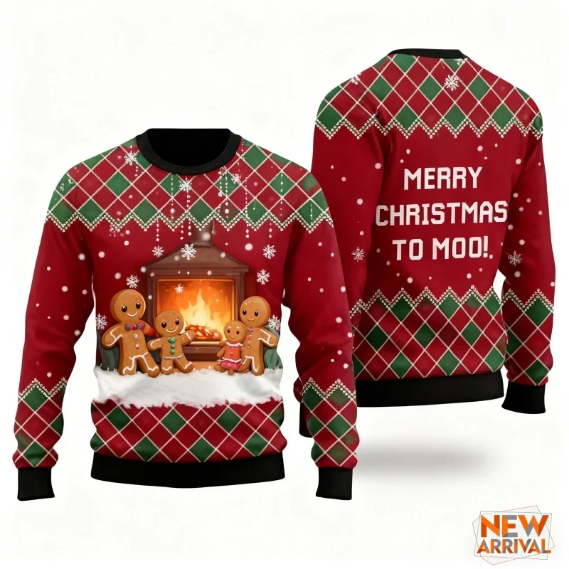 

Gingerbread Man Pattern Sweatshirts For Men Women Snowman Bell 3D Print Pullover Festival Party Hoodies Long Sleeves O-Neck Tops