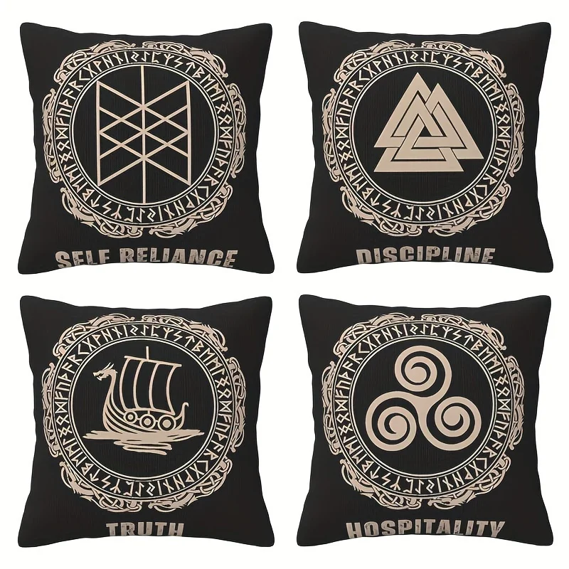 

4Pcs Scandinavian Square Pillow Covers - Viking Pattern Cushion Covers with Zipper for Nordic Home Decor