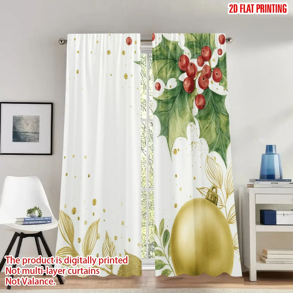 

2pcs 2D flat printing Christmas curtains Christmas Holly Ornament Gold Digital Printed Polyester Drapes Family Party Decoration