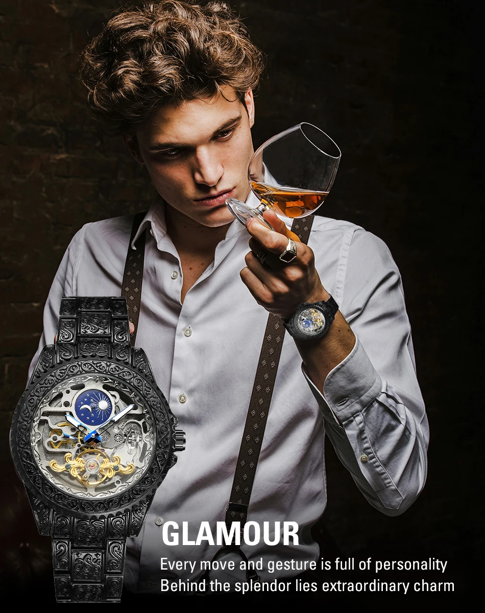 FORSINING Vintage Carving Mens Watch Automatic Skeleton Mechanical Luminous Luxury Stainless Steel Fashion Moon Phase Wristwatch