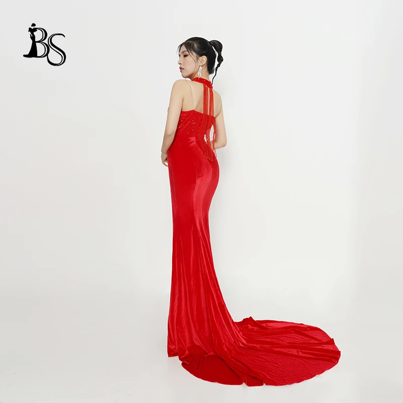 Red Halter Evening Dress Baisha New Sexy Mermaid Gown Beaded Backless Hanging Neck Long Dresses For Women H830