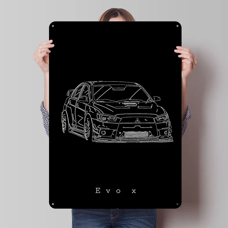 Sports Car Lancer Evolution X Line Art Printed Poster Customized Wall Art Retro Vintage Metal Tin Signs for Garage Coffee Bar