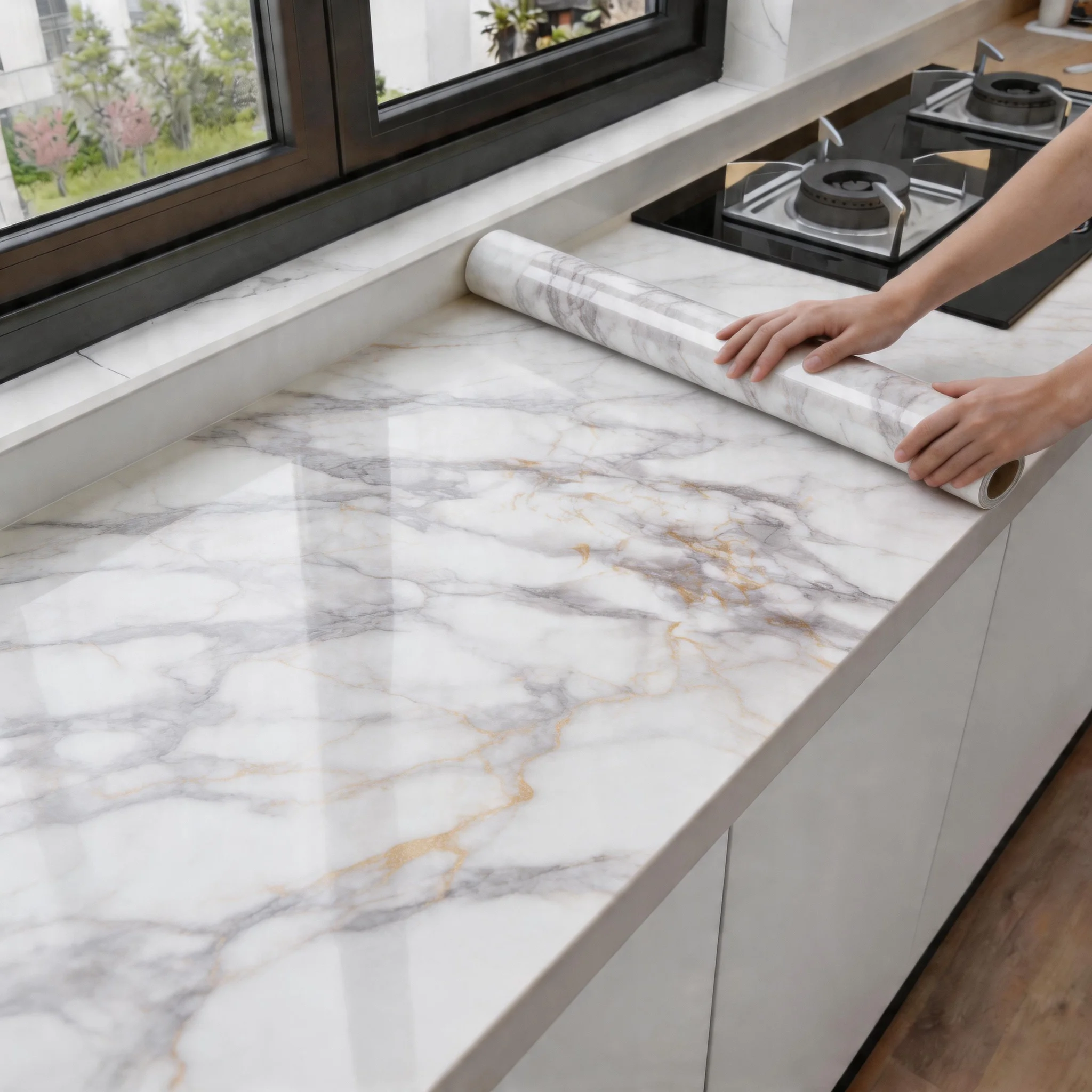 55cm Marble Self-adhesive Wallpaper Kitchen Cabinet Stove Countertop Contact Paper PVC Waterproof Renovation Tile Wall Stickers