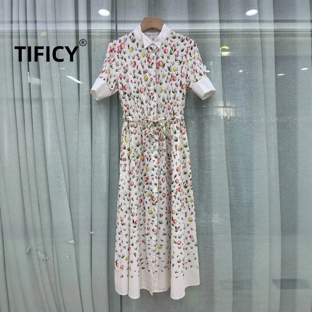 High Street Cotton Dresses Women's Summer New Simple and Versatile Positioning Direct Spray Floral Print Lapel Large Swing Dress
