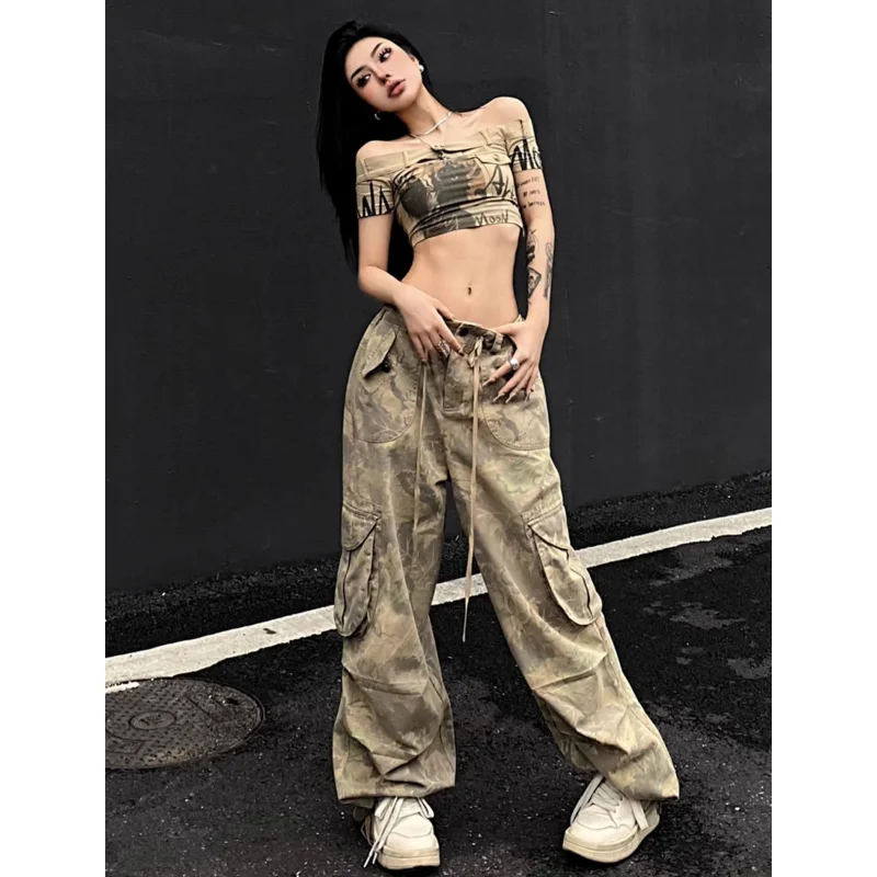 

Women Green Cargo Pants Streetwear High Waist Wide Leg Pants Y2K Style Vintage Female 2024 Summer Camouflage Straight Trousers