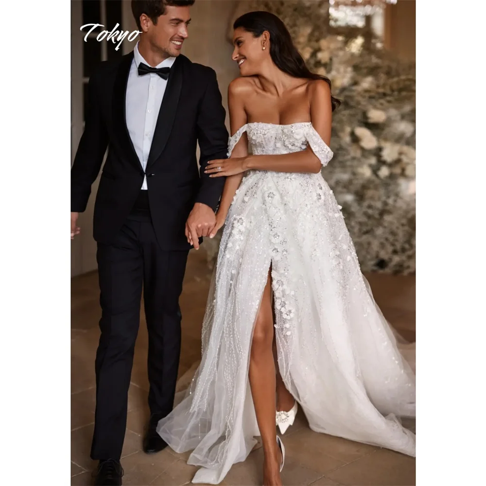 Vestido de novia de corte a blanco personalizado de Tokio, vestido de novia con abertura lateral alta y hombros descubiertos, sin mangas, con cordones, vestido de novia de cola de corte