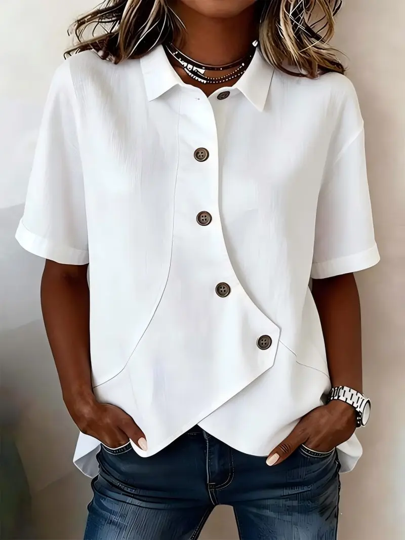 

Solid Color Irregular Hem Shirt Women Loose Casual Cotton Blouse Slim Hide Belly Age-reducing Simple Tops