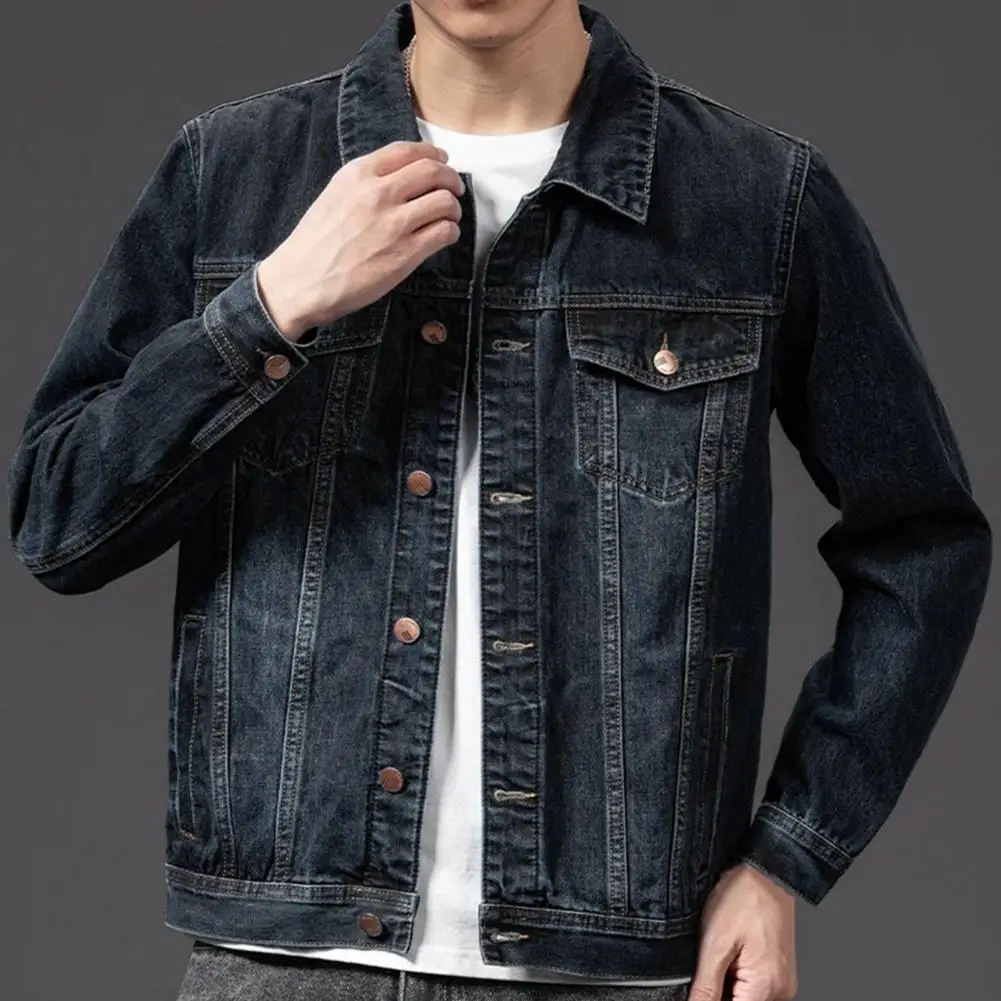 Single Breasted Coat Stylish Men's Denim Jacket with Multiple Pockets Lapel Single-breasted Cardigan for Spring Fall for A