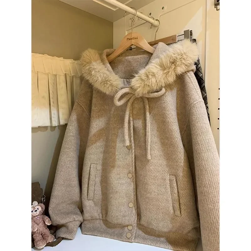 Women's Korean Style Bow Hooded Fleece Lined Jacket Patchwork Thickened Baseball Coat Casual Short Outerwear
