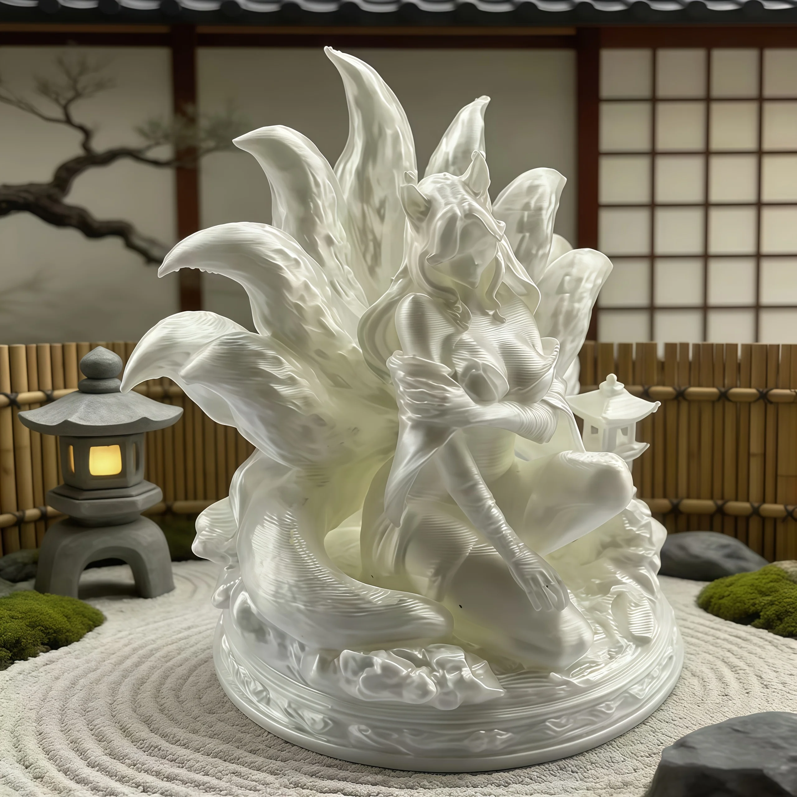 White Nine-Tailed Fox Goddess Figurine, Japanese Style Kitsune Statue, Fantasy Home Office Desk Decor Gift
