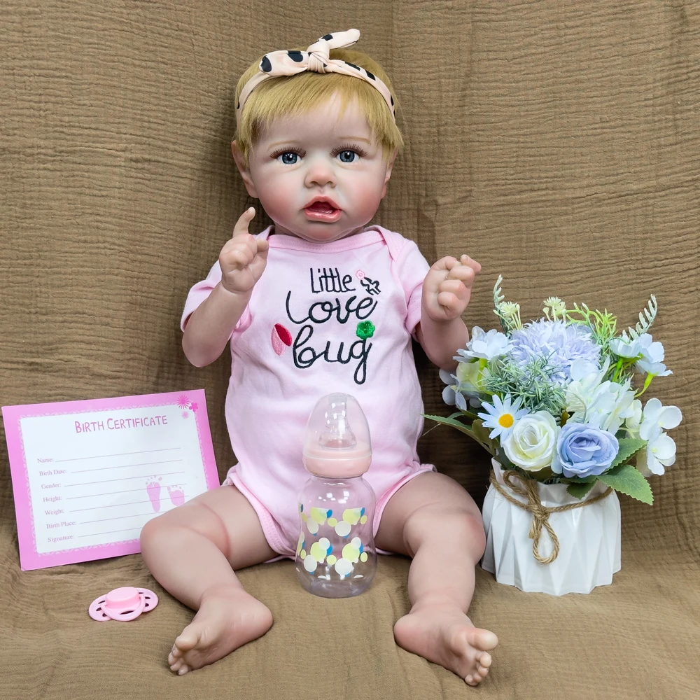 22 Inch Vinyl Reborn Baby Doll, Pink Outfit, Blonde Hair, Blue Eyes, Exquisite Facial Features & Skin Details, Color Box
