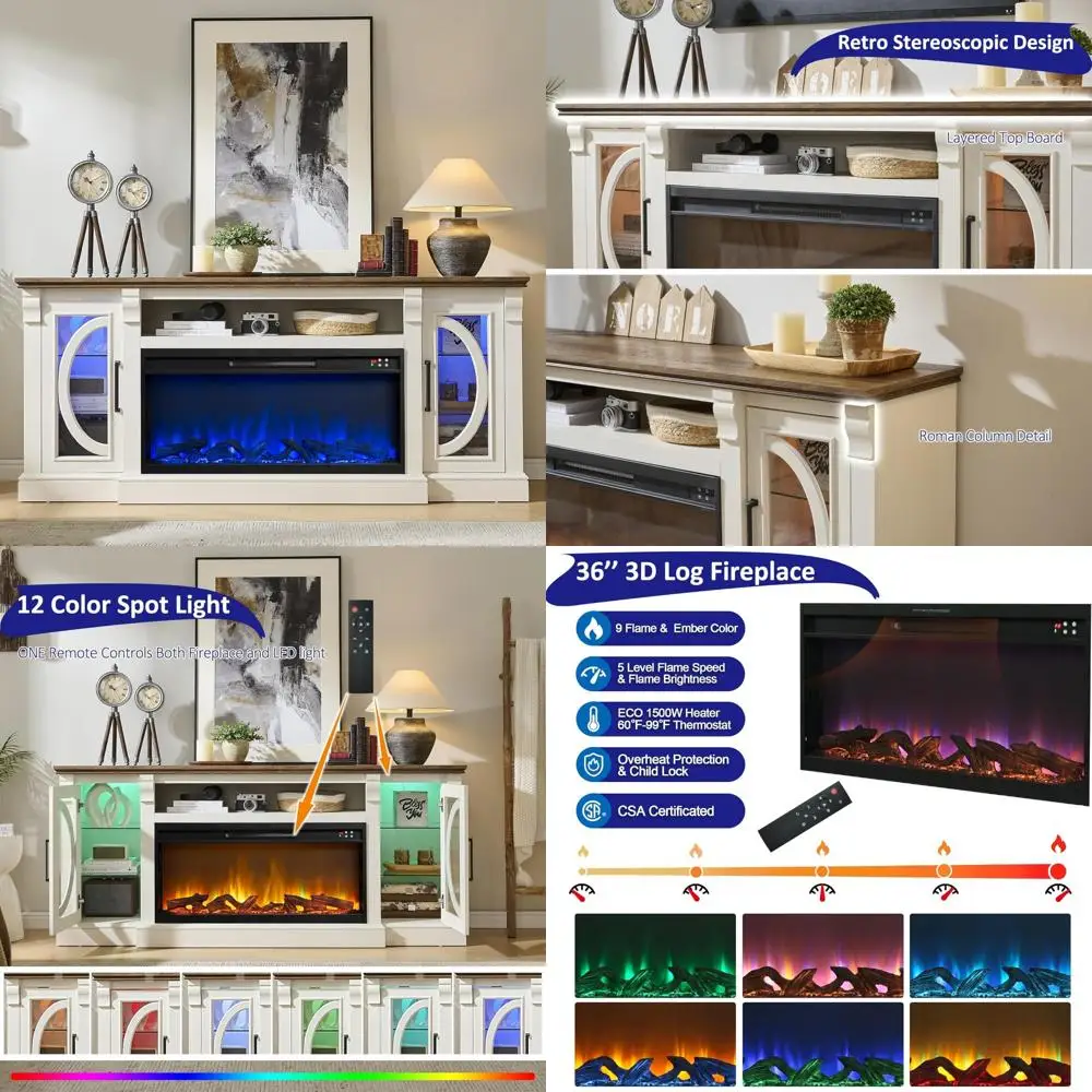 مركز ترفيه مدفأة كهربائية LED لـ 80 تلفزيونًا، حامل تلفزيون على طراز المزرعة مع 36 مدفأة