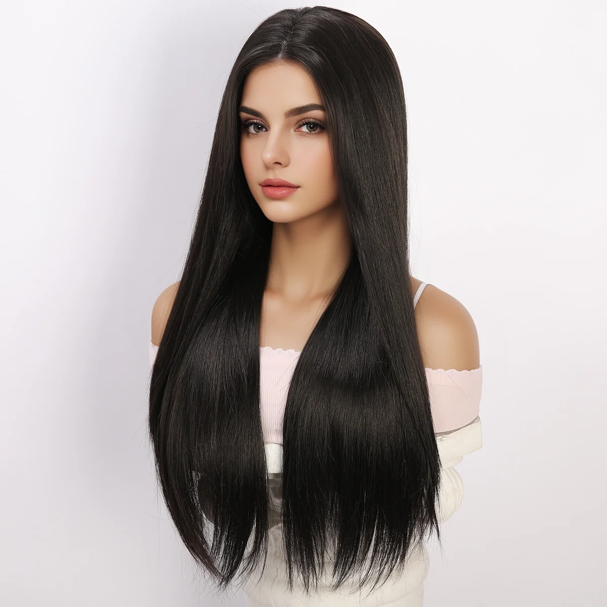 

Daily Black Straight Wig Long Wig High-Quality Forehead Lace Party Dark Color Natural Women's Wig Heat Resistance