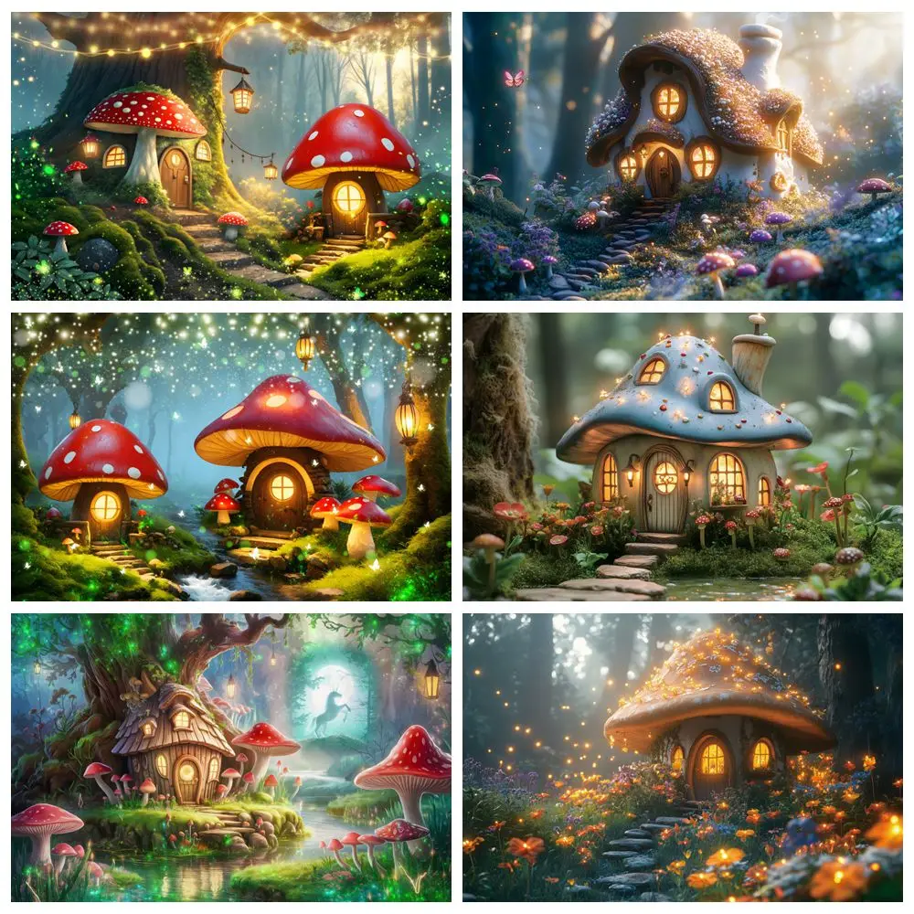 

Enchanted Forest Mushroom House Backdrop Glitter Spots Green Tree Plants Baby Kids Birthday Party Wedding Photography Background