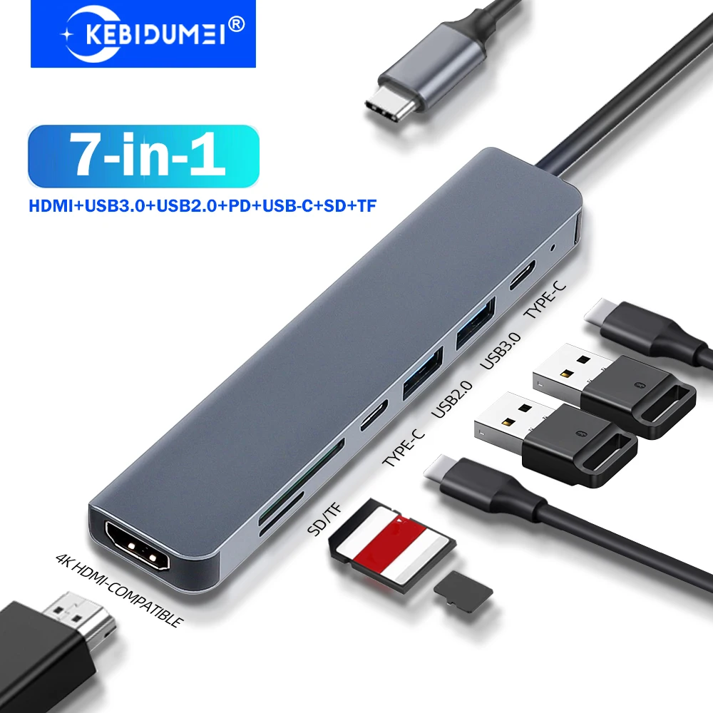 

KEBIDUMEI 7-in-1 USB 3.0 HUB USB C Docking Station USB HUB USB 3.0 2.0 5Gbps Type C to 4K HDMI Adapter USB Splitter For Laptop