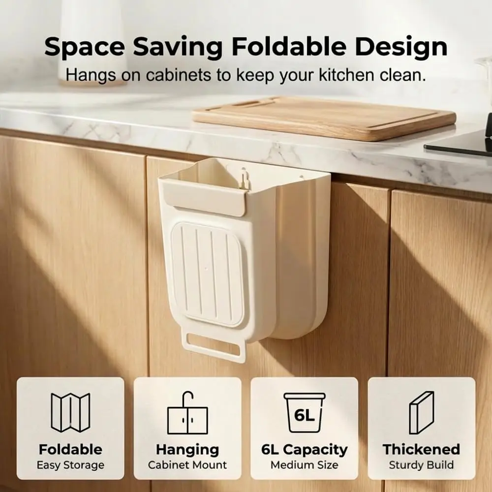 Foldable Hanging Kitchen Trash Can, Wall Mounted Trash Can, Space Saving Plastic Waste Bin for Kitchen, Bathroom & Bedroom