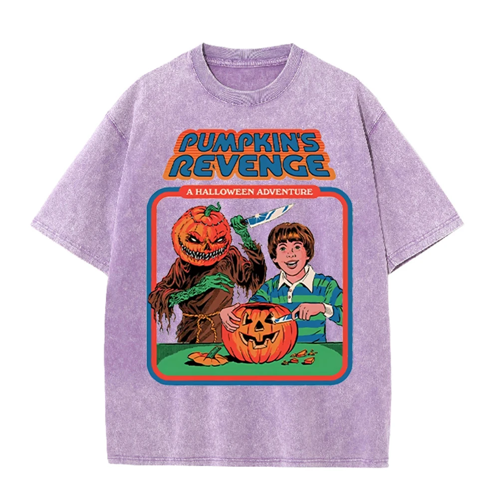 2026 Vintage Washed Beige Pumpkin's Revenge Halloween Retro Comic Graphic T Shirt Horror Cartoon Oversized Casual Short Sleeve T