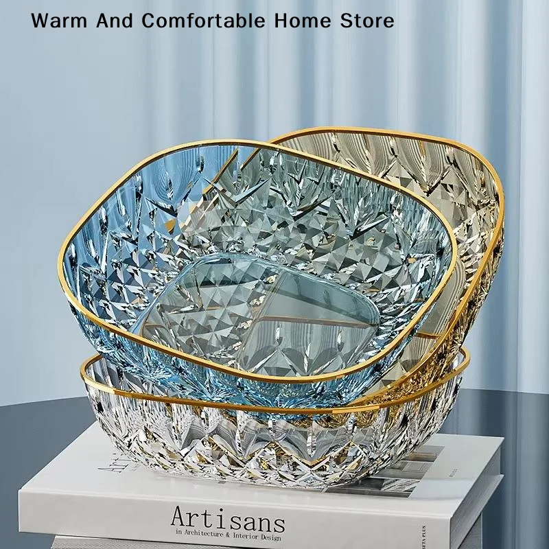 【W】Crystal Fruit Bowl With Gold Rim Diamond Cut Texture Shatter Resistant For Serving Fruits Snacks Home Decor