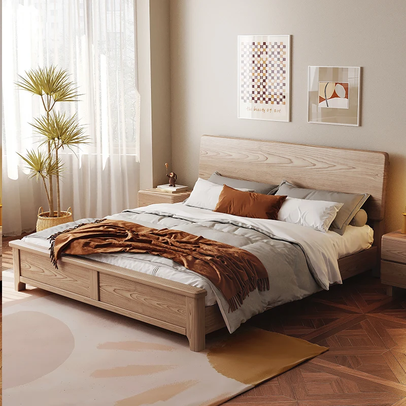 Nordic solid wood double bed, white wax wood, simple modern master bedroom, natural wood color, large room bed, factory direct