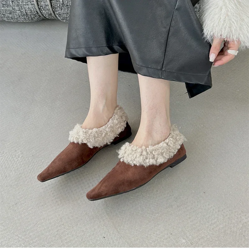 Winter Fur Women Flats Ankle Boots Casual Shallow Pointed Toe Ladies Comfort Soft Sole Outdoor Warm Maomao Cotton Shoes Flats