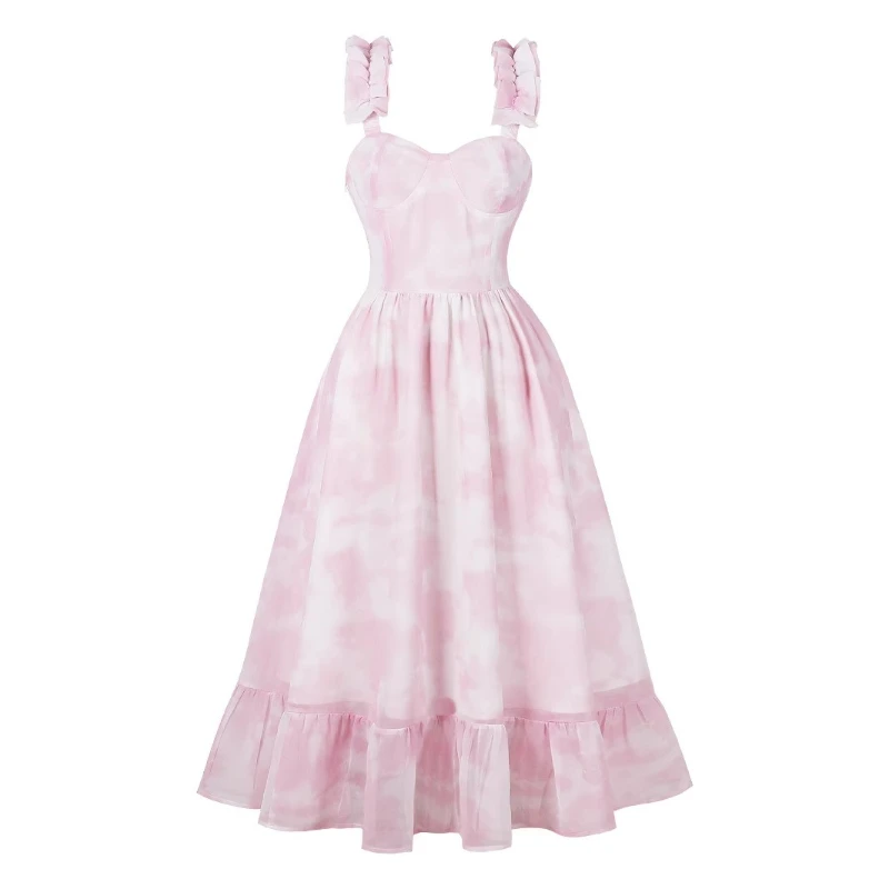 

Новинка 2025, винтажное французское женское платье, милое платье трапециевидной формы с высокой талией и принтом тай-дай, облегающее платье макси без рукавов с оборками на подтяжках