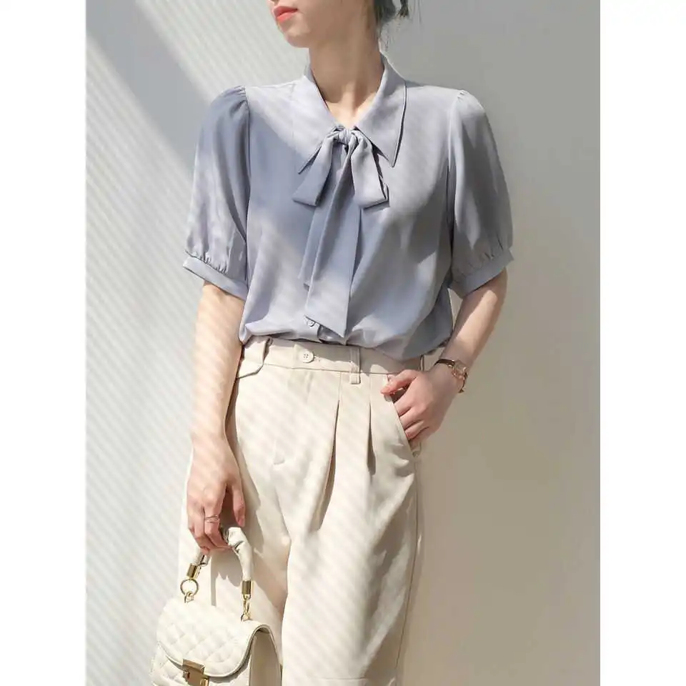 

Unique Knot Women's Faion Top in Soft Blue Color Commute Sle Korean Straight Cut ort Sve Collar irt