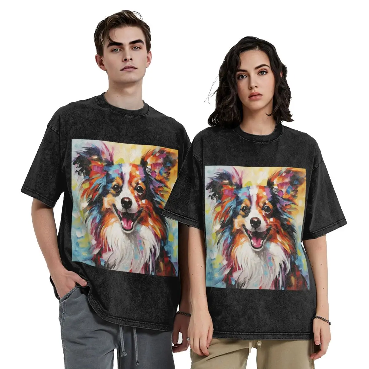 A Papillon Dog Masterpiece Hip Hop Short Sleeve T-Shirts Washed Tops Tees Streetwear T Shirt Harajuku for Men woman