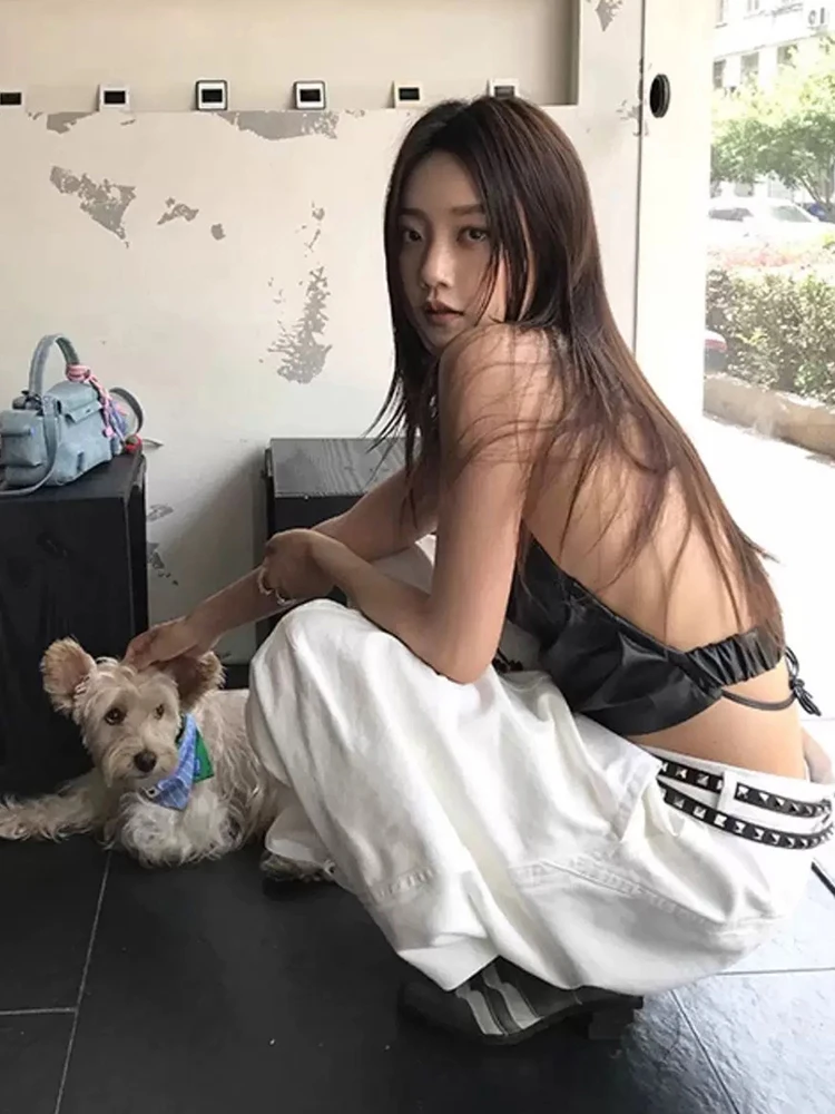 

Weird Puss Folds PU Майки Женщины Y2K Искусственная Кожа Бандаж Без Рукавов Спинки Холтер Хип-Хоп Стиль Hottie Сексуальные Полуночные Топы