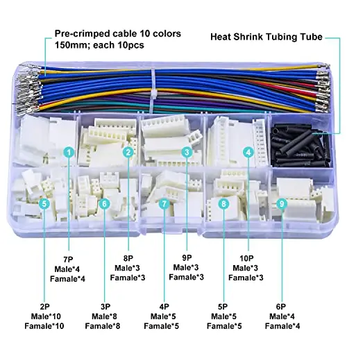 JST Connector Kit 2.5mm Pitch JST-XH 2.54 Male Female Connector with  22AWG Pre-Crimped Cables,XH 2.54mm Connector (XH-MF-Kit)