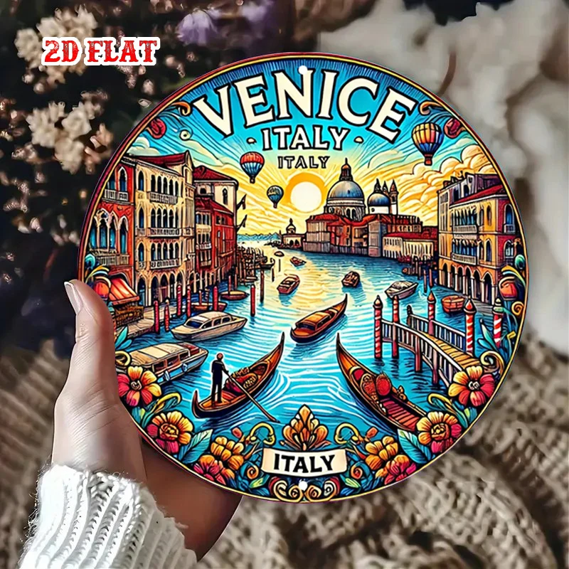 2D Flat, 1pc Venice Italy Metal Wall Art - Vintage Venetian Gondola & St. Mark's Basilica Round Sign, Italian Travel-Themed Deco