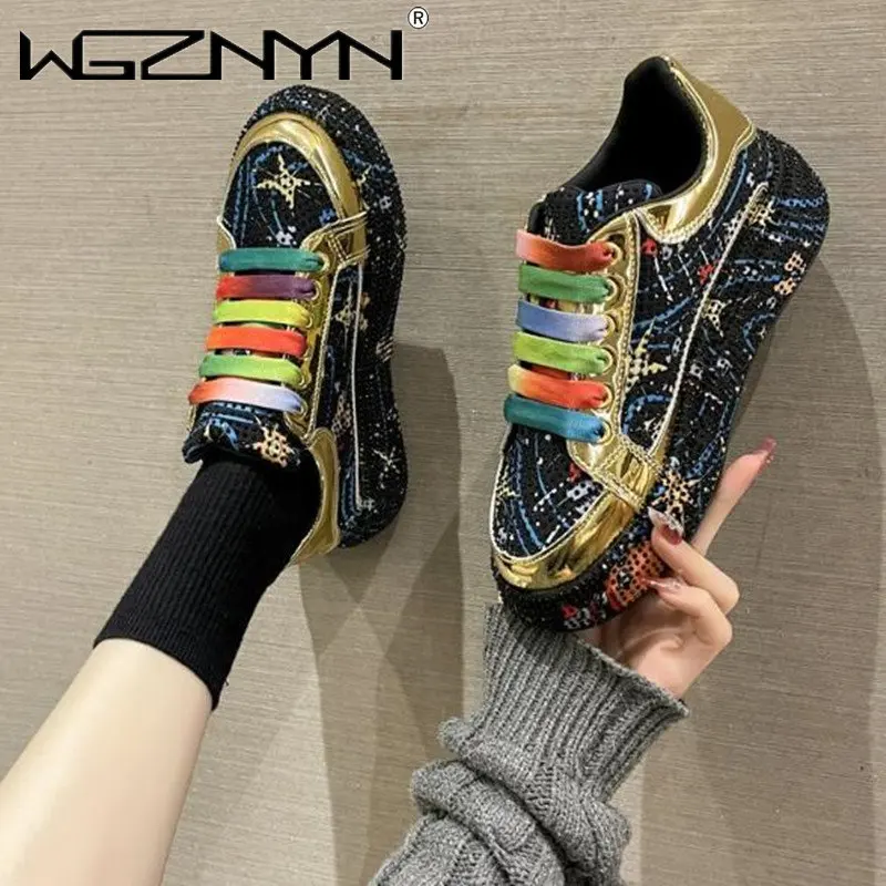 New Spring Women Sneakers Fashion Rhinestones Thick Sole Sports Shoes for Youth School Shoes Crystal Silver Platform Sneakers