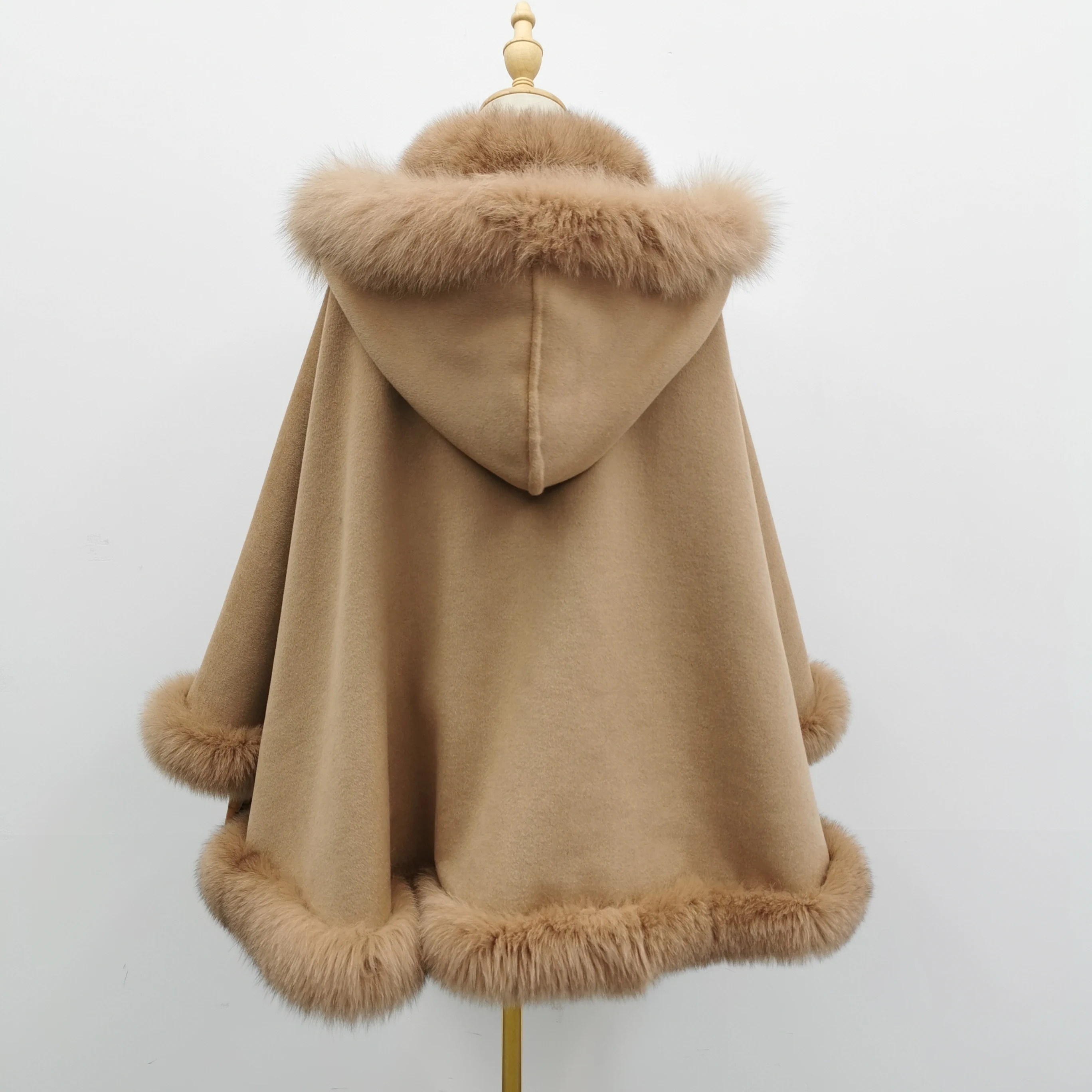 MISSJANEFUR Wool Cloak with Fur Trim Women Luxury Fashion Cashmere Cape Poncho with Detachable Hood Winter Warm Pashmina Coat