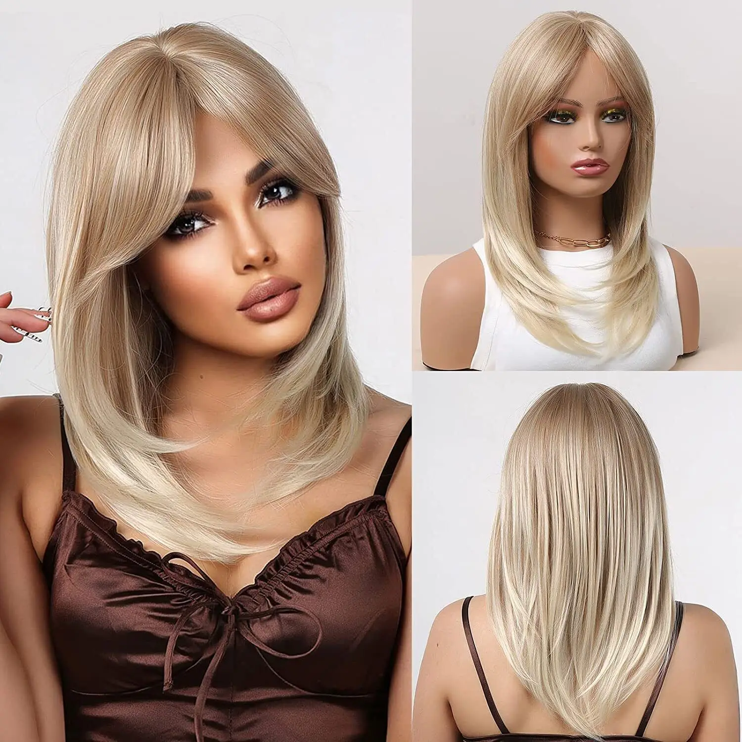 Women Highlight Blonde Layered Middle Straight Wigs with Side Bangs Synthetic