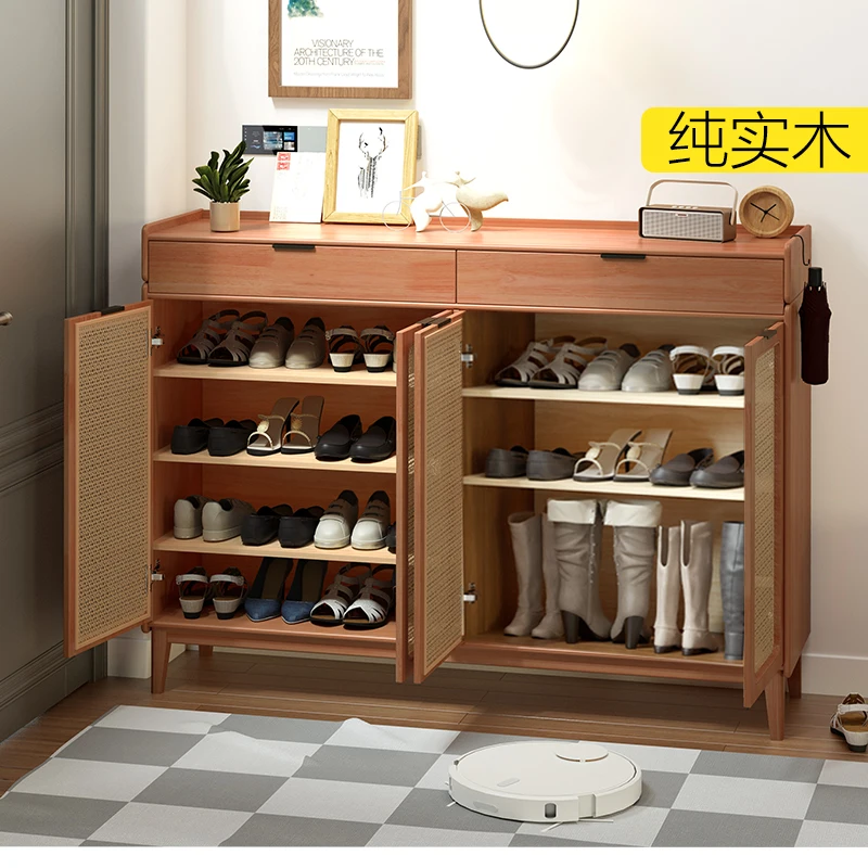 4 door shoe cabinet solid wood simple modern household entrance foyer log color large capacity opposite door entrance storage