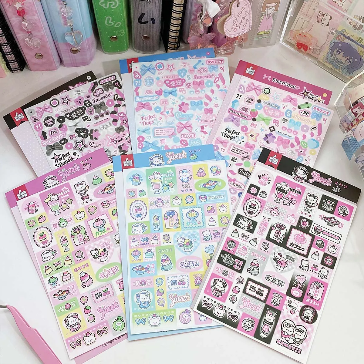 Scrapbook Deco Sticker for Journal Planner DIY Arts Crafts Album Pink Black Bow Material Decorative Stickers Kawaii Decals