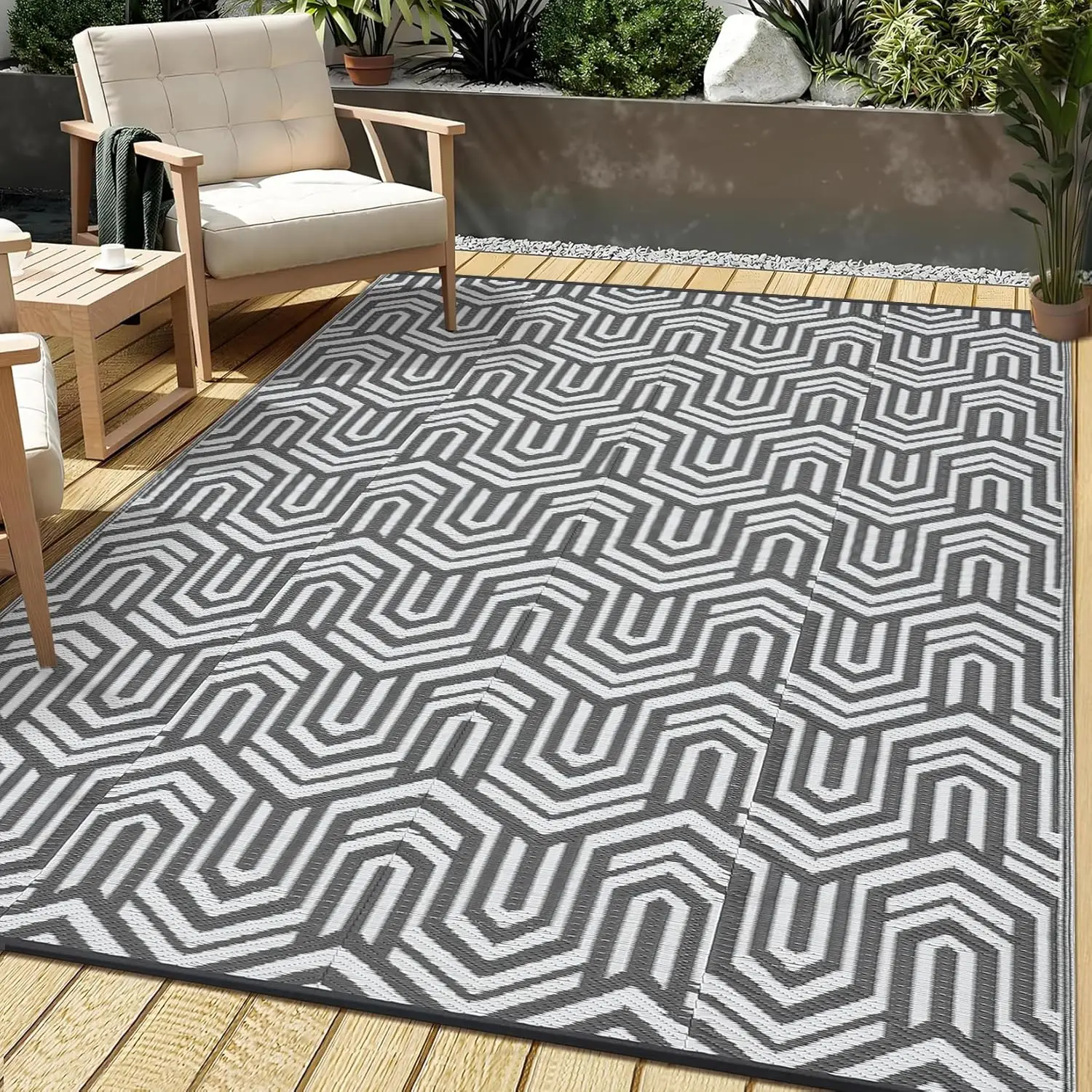 

Outdoor Rug 8x10 Waterproof Patio Rugs Abstarct Line Reversible Mat for Front Door Rv Foldable Plastic Straw Carpet for Trave