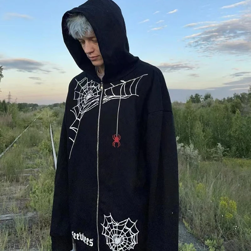 

Y2k Retro Black Zip Up Spider Web Pattern Jacket Hoodie Fashion Loose Oversized Hooded Sweatshirt Gothic Streetwear Men Clothing