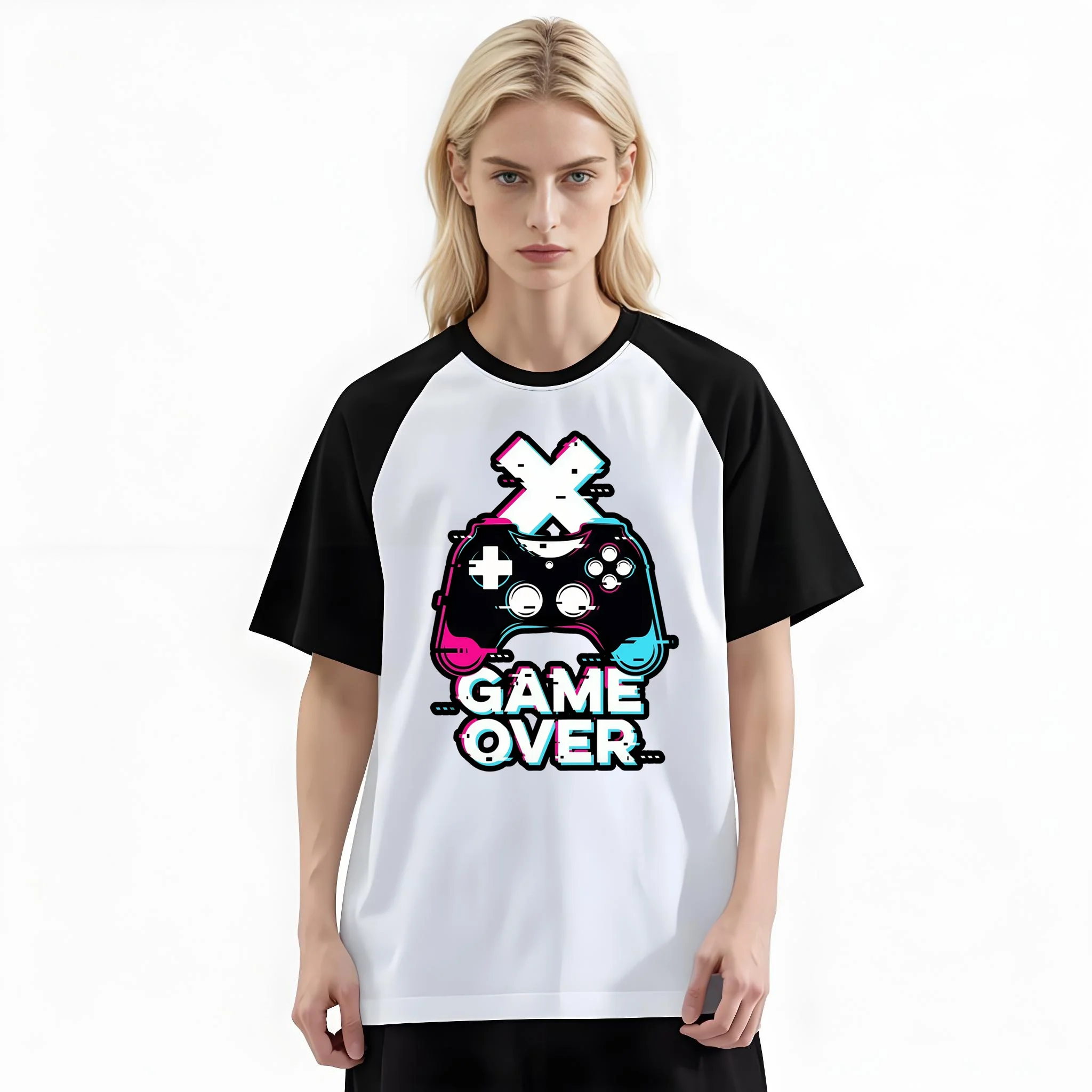 Women'S Fashion Raglan Sleeve T-Shirt, Game Over Glitch Game Controller E Sport Trend Printed, Summer Casual Comfortable Tee, Women'S Everyday Short-Sleeve Top