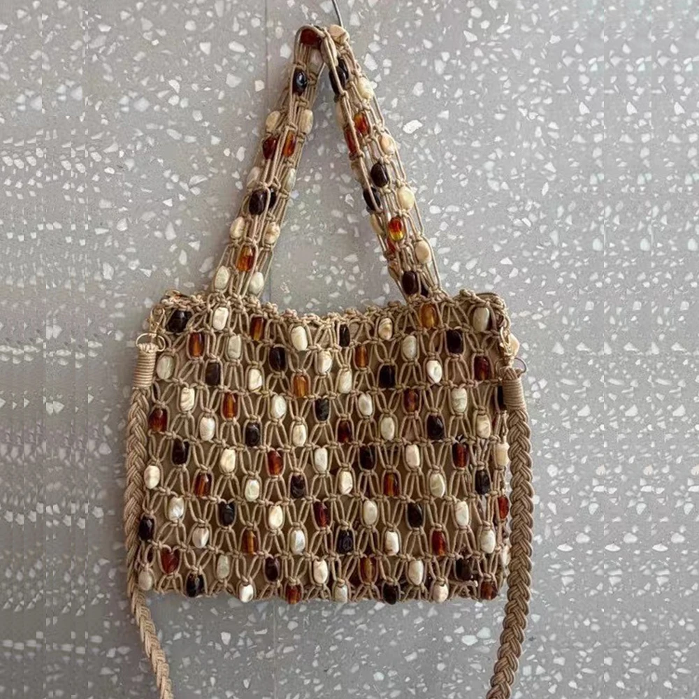 

Bohemian Hollow Beaded Bags for Women Handmade Mesh Shoulder Bag Rope Knitting Beach Bag NEW Shipping Tote Purses and Handbags