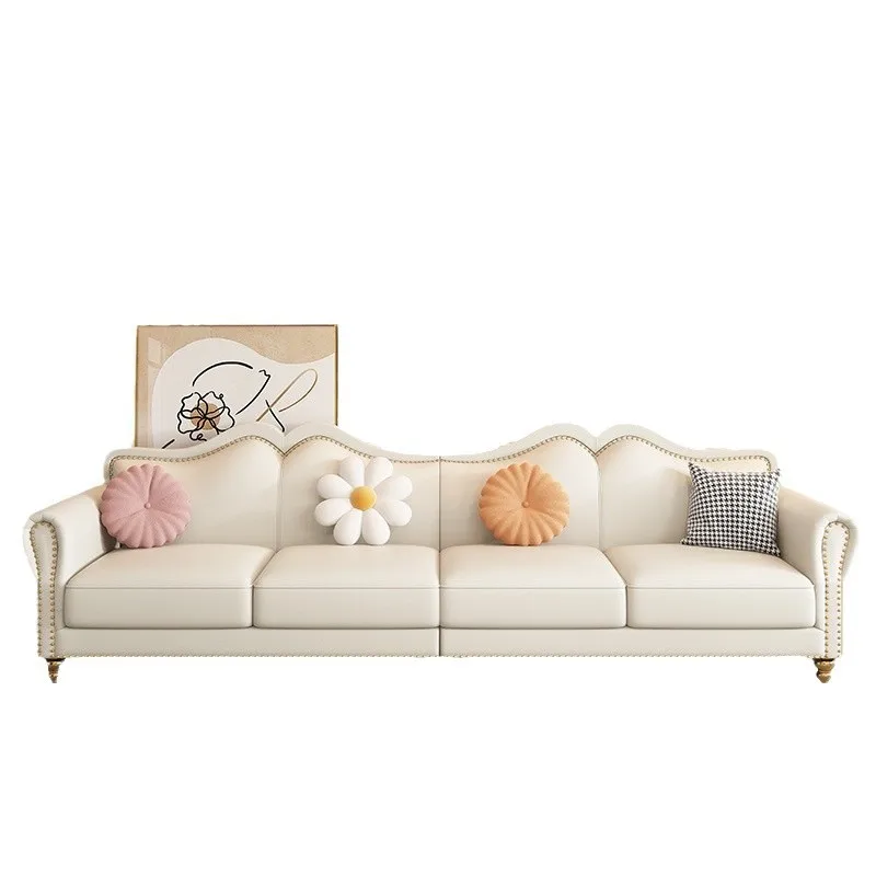 

Modern American leather cream sofa living room small apartment Nordic style