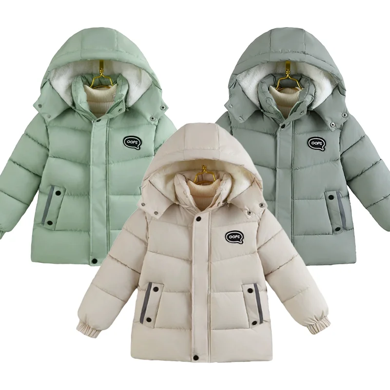 Kids Winter Detachable Hood Cotton Jacket Fashion Letter Patch Zipper Coat 4-10 Years Boys Girls Thick Warm Windproof Outerwear