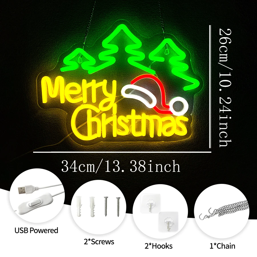 Merry Christmas LED Neon Sign, USB Powered Christmas Tree Neon Light, Xmas New Year Wall Decor for Home Party Decoration Gift