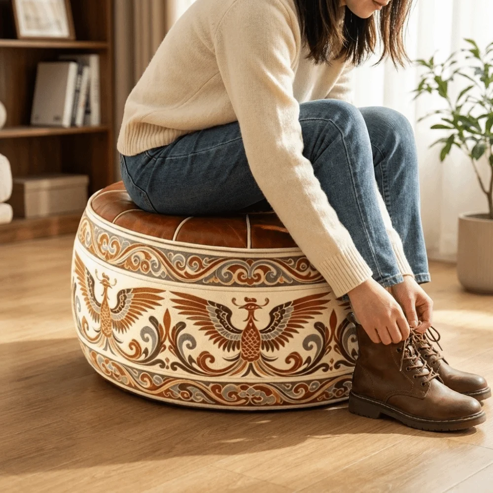 Retro Ethnic Style Sofa Stool Cover PU Leather Space Saving Round Footstool Cover Unfilled Phoenix Pattern Storage Ottoman